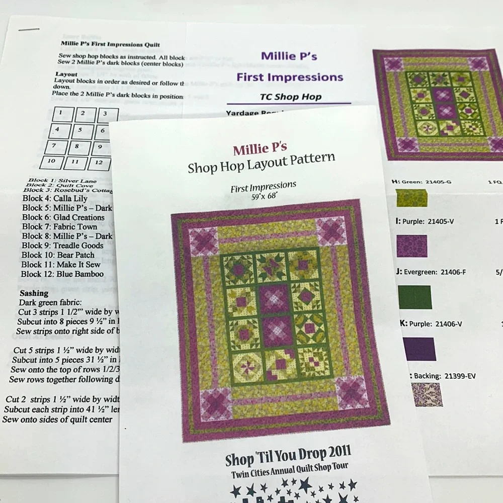 Millie P’s Shop Hop Layout Quilt Patterns “First Impressions” Approx. 59”x 68”